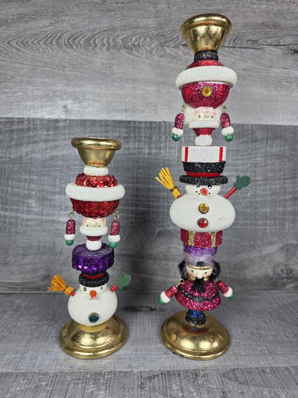 Pair Christmas Totem Candle Holders Stacked Santa Snowman Glitter Whimsical b283